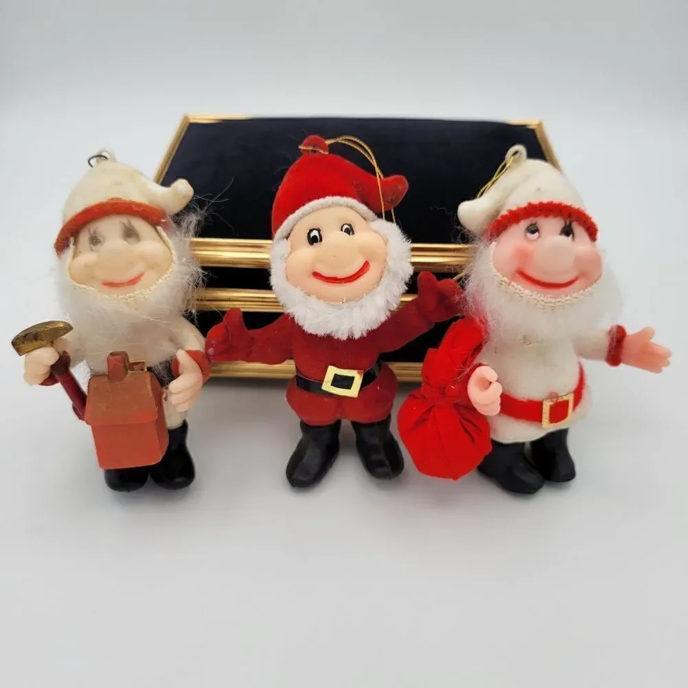 Adorable Trio of Vintage Flocked Santa & Santa's Helpers Elves Ornaments